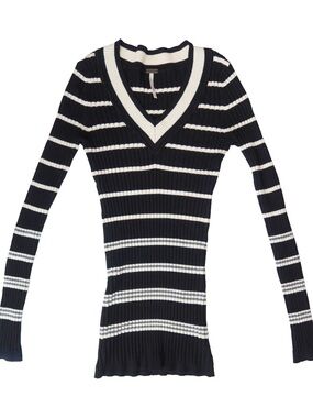 Poof Black Striped Ribbed V Neck Sweater